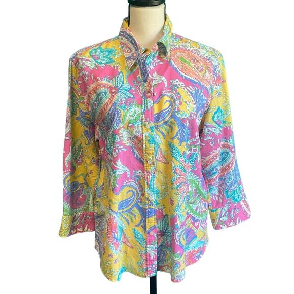 Chaps Classics Linen Blend Bright Paisley Button Up Blouse Women's Large - Picture 1 of 8
